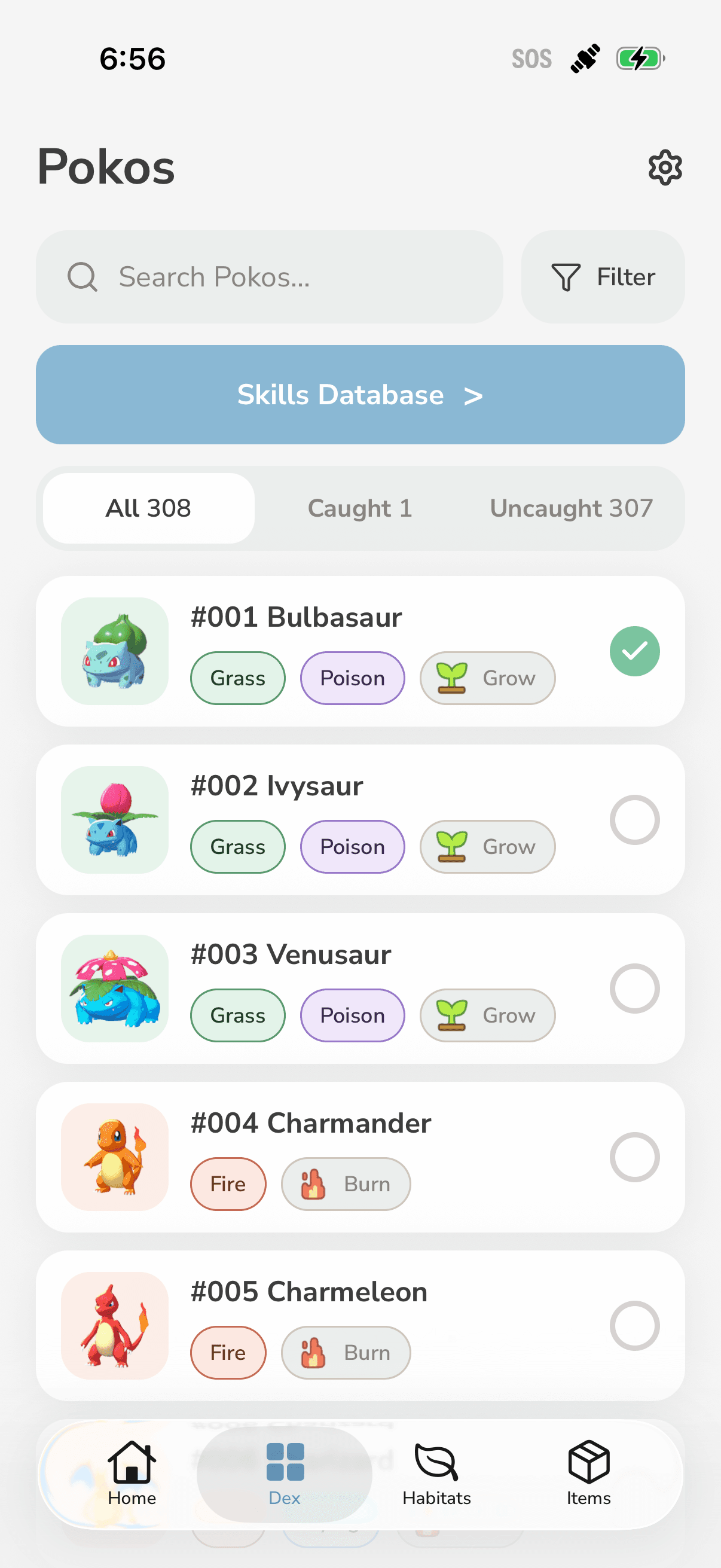 Pokobase dex screen: Pokos list with search, filters, and creature cards